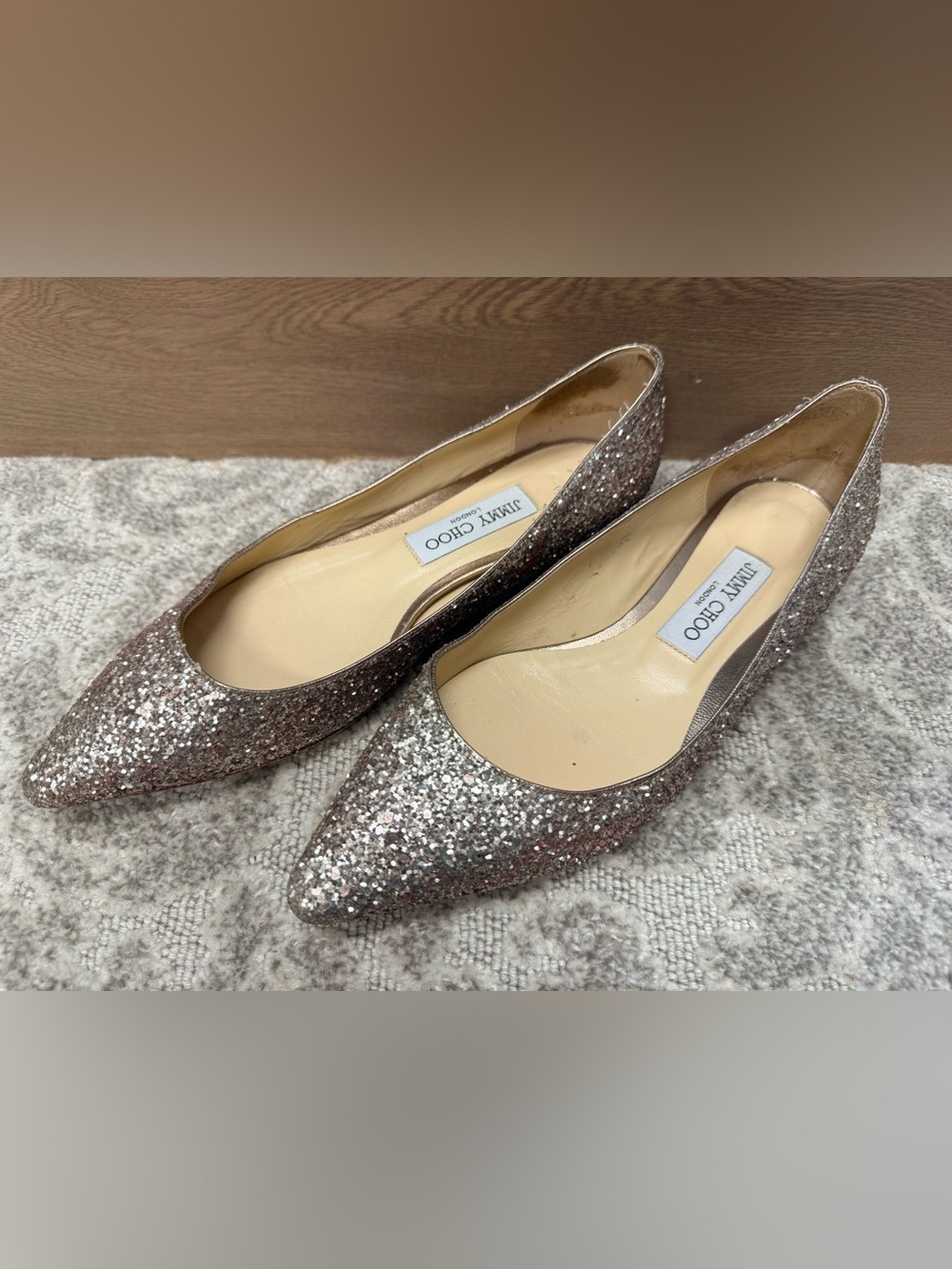 Jimmy Choo Metallic Rose Glitter Pointed Flats